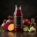 Classic Beets in a gold-trim premium bottle with beets, orange, cucumber, garlic, olive oil, and red apple on a dark backdrop