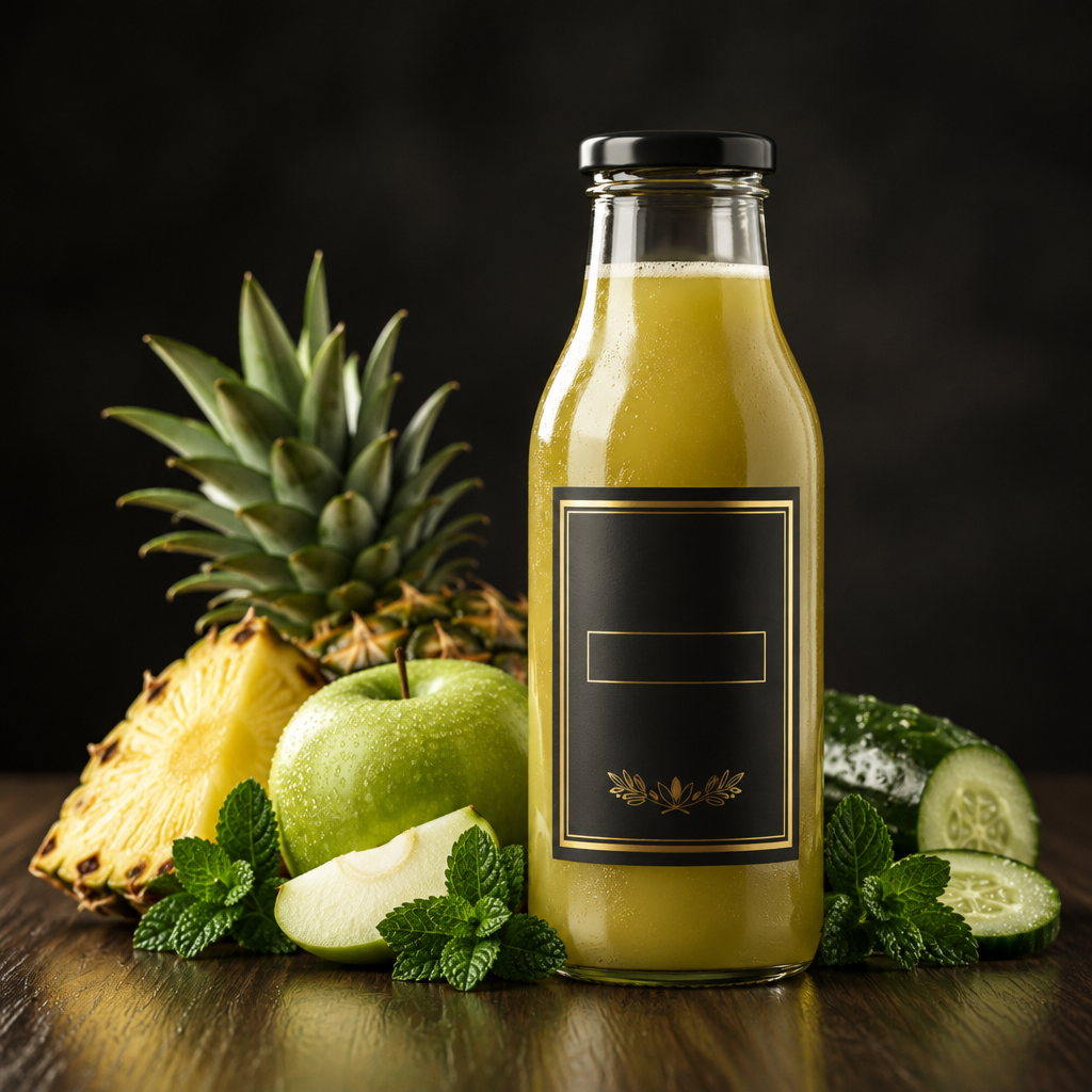 Golden Sweet in a gold-trimmed premium bottle with pineapple, green apple, mint, and cucumber on a dark backdrop
