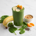 Spinach smoothie with banana, almond butter, chia seeds, almond milk and frozen orange segments