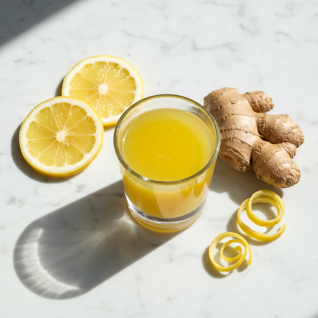 Ginger Lemon wellness shot in a clear shot glass