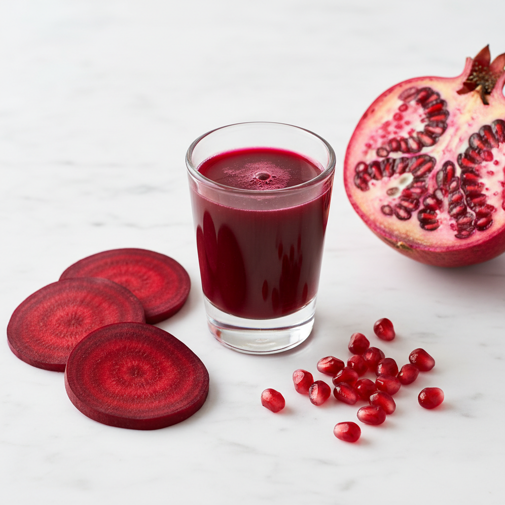 Beet and pomegranate wellness shot in a clear shot glass