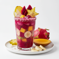 A vibrant pink-magenta dragon fruit, mango, pineapple, Asian pear, green banana, and coconut water smoothie in a clear glass with tropical fruit garnishes