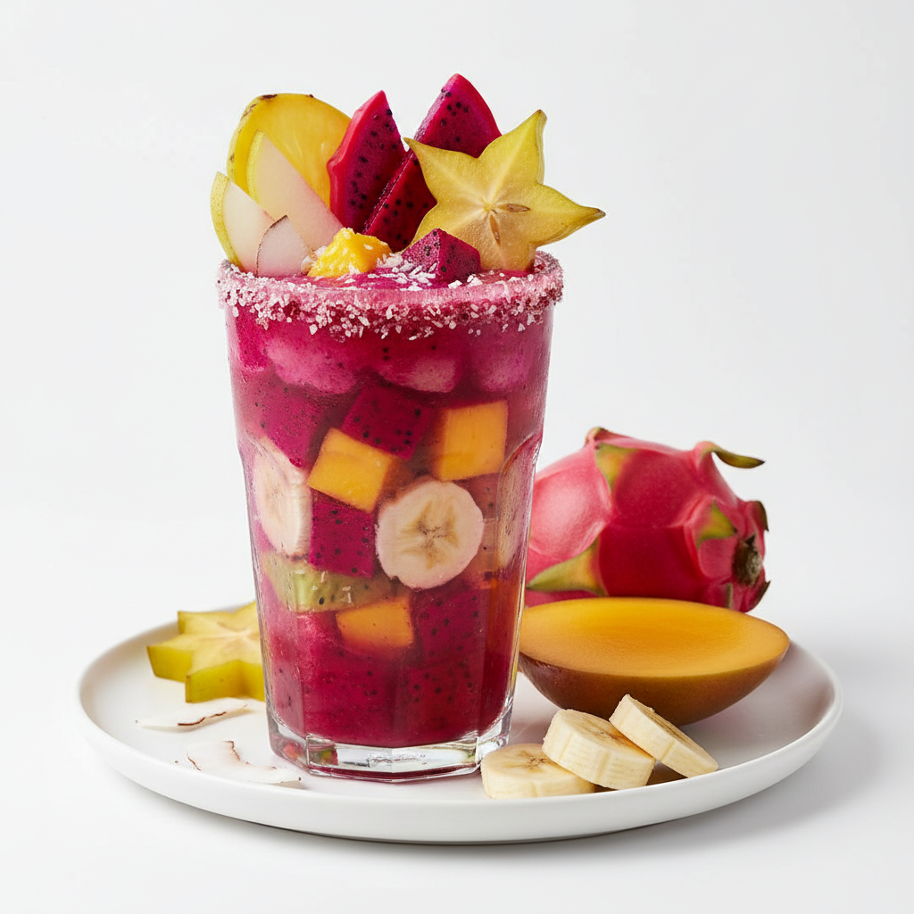 A vibrant pink-magenta dragon fruit, mango, pineapple, Asian pear, green banana, and coconut water smoothie in a clear glass with tropical fruit garnishes