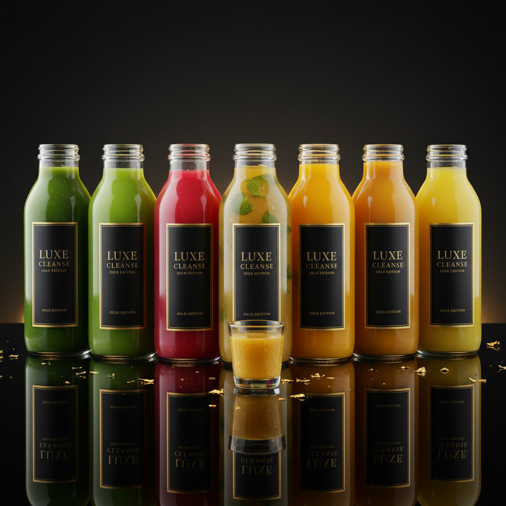 Seven Deep 7-day premium cleanse pack - seven cold-pressed juice bottles and a golden 4 oz shot on a black reflective surface with gold accents