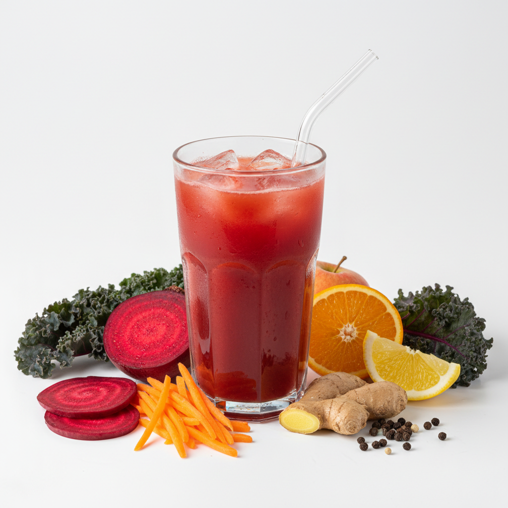 Beets Carrots Red Kale Sweet Apple Orange Ginger Lemon Black Pepper Juice