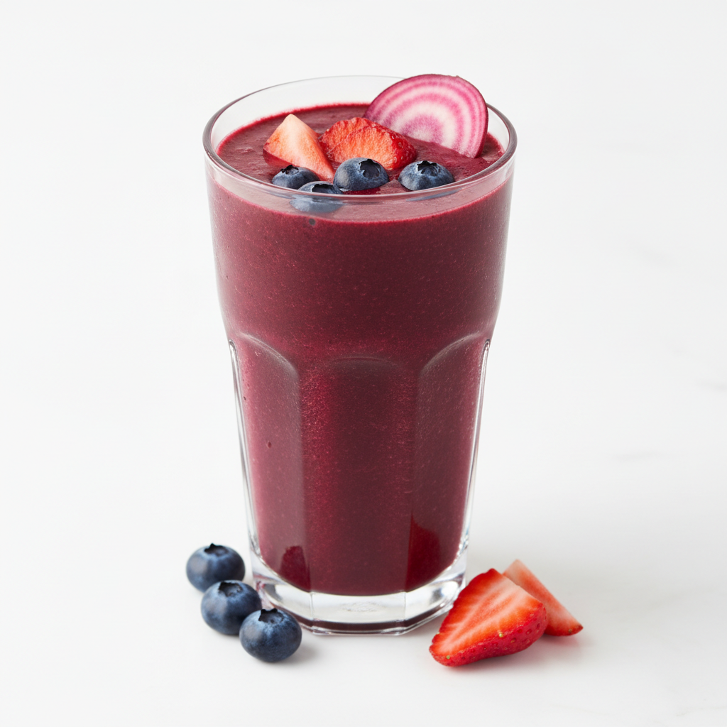 A deep ruby-purple blueberry, strawberry, banana, and beet smoothie in a clear glass with fresh berry and beet garnishes
