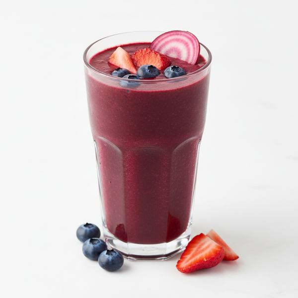 A deep ruby-purple blueberry, strawberry, banana, and beet smoothie in a clear glass with fresh berry and beet garnishes