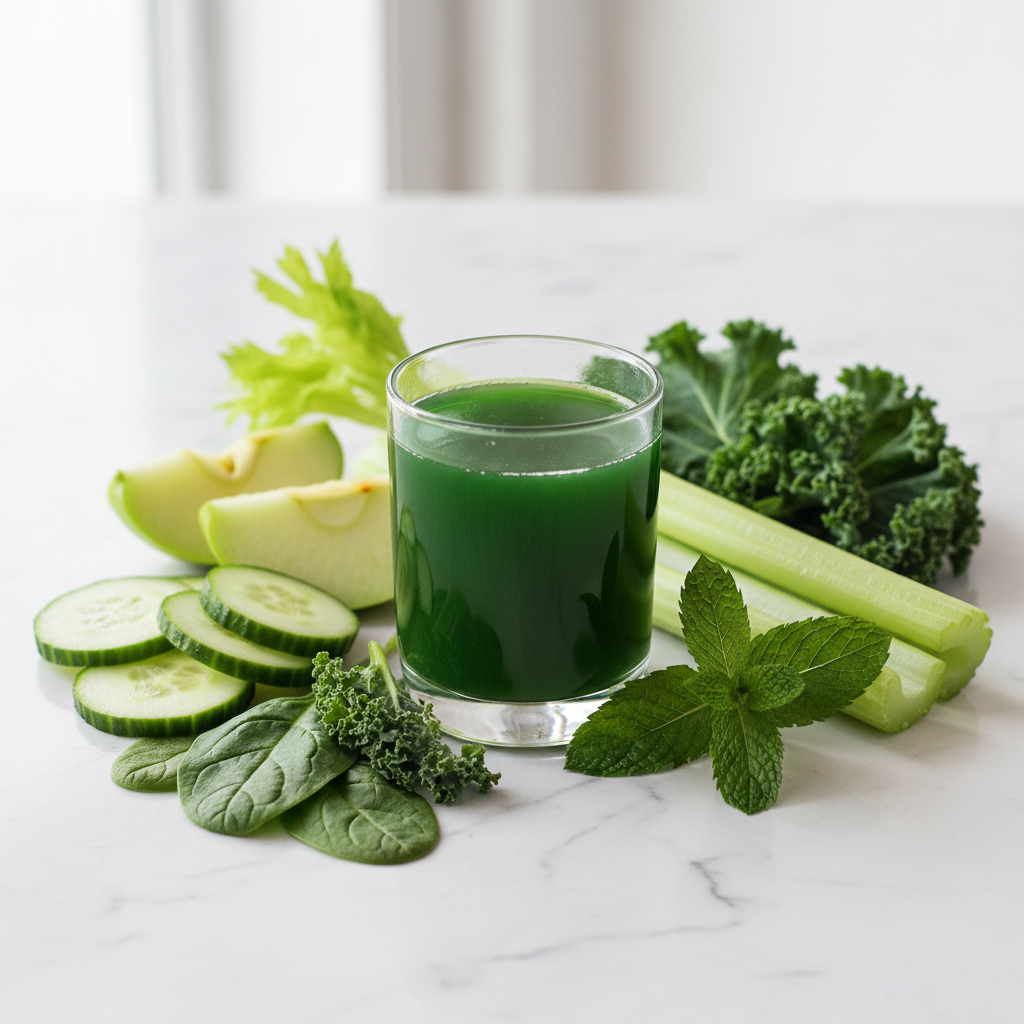 Green detox shot with cucumber, apple, celery, spinach, kale, apple cider and mint