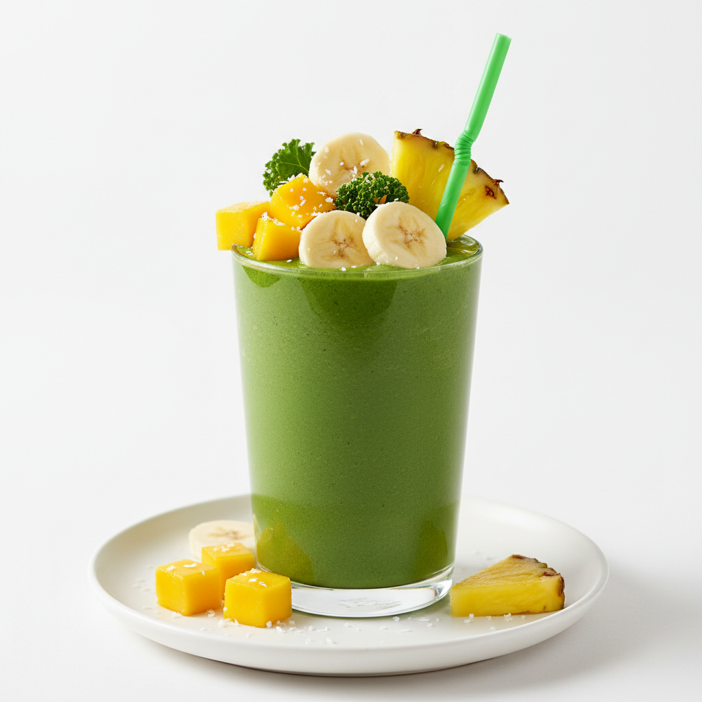 A vibrant tropical green smoothie with kale, spinach, mango, banana, pineapple, and coconut water in a clear glass with fresh fruit garnishes
