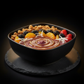 Mandarin Split acai bowl with mandarin, blackberries, strawberries, shredded jicama, granola, and raw honey