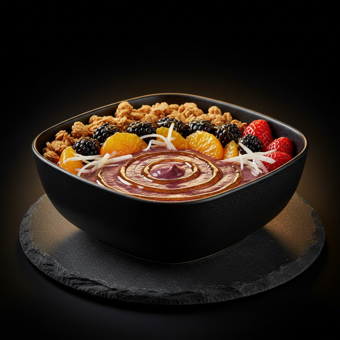 Mandarin Split acai bowl with mandarin, blackberries, strawberries, shredded jicama, granola, and raw honey