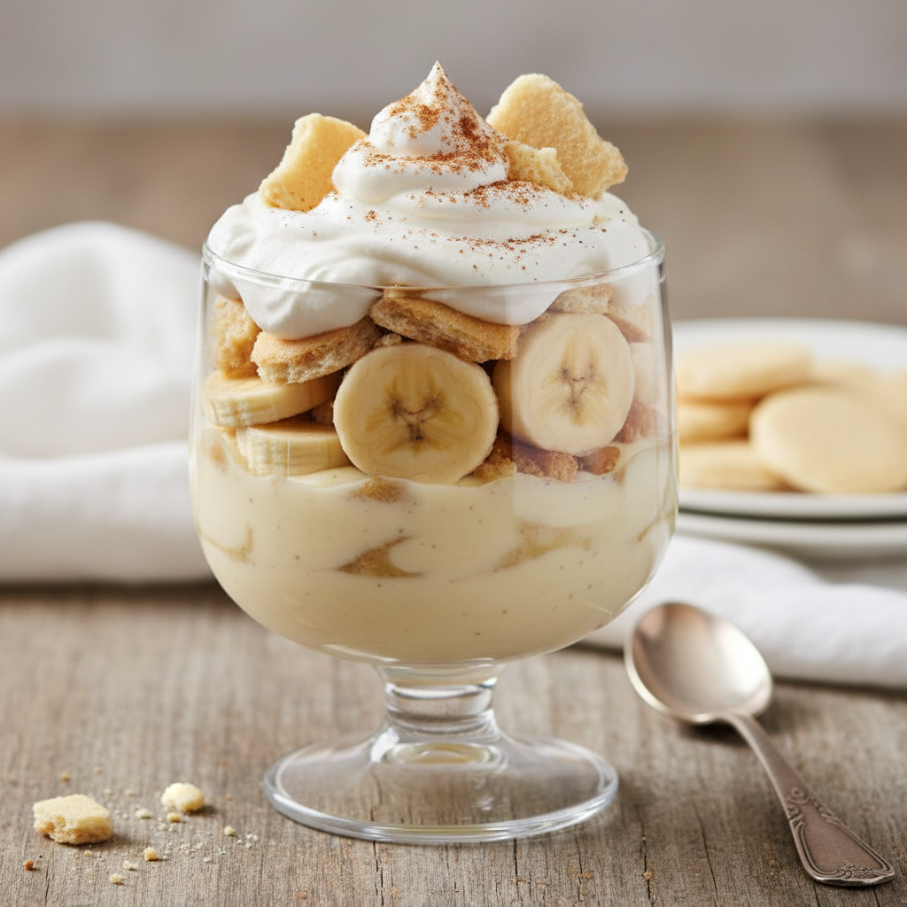 Creamy banana pudding in a glass cup with fresh banana slices, vanilla wafers, and whipped cream