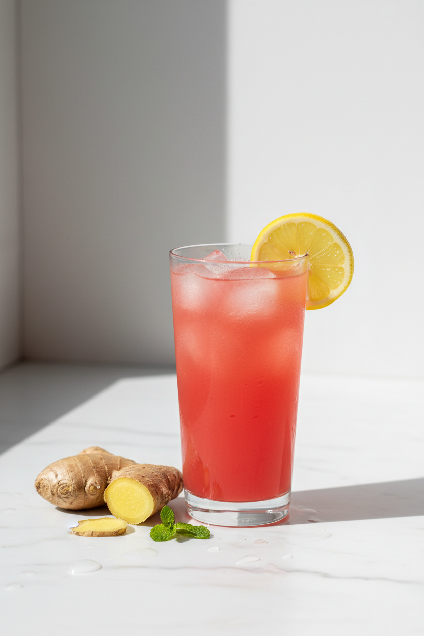 Watermelon Lemon Ginger cold-pressed juice in a glass