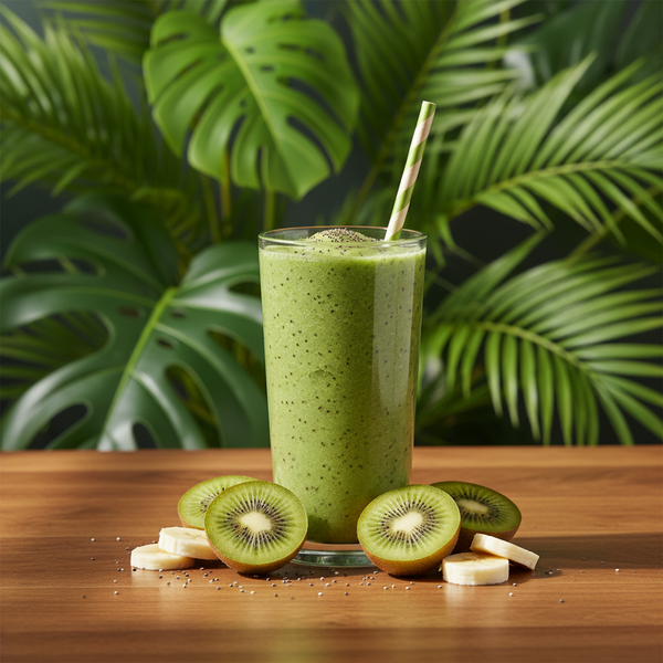 Kiwi Blitz smoothie in a tall glass with straw, fresh kiwi, banana and tropical leaves