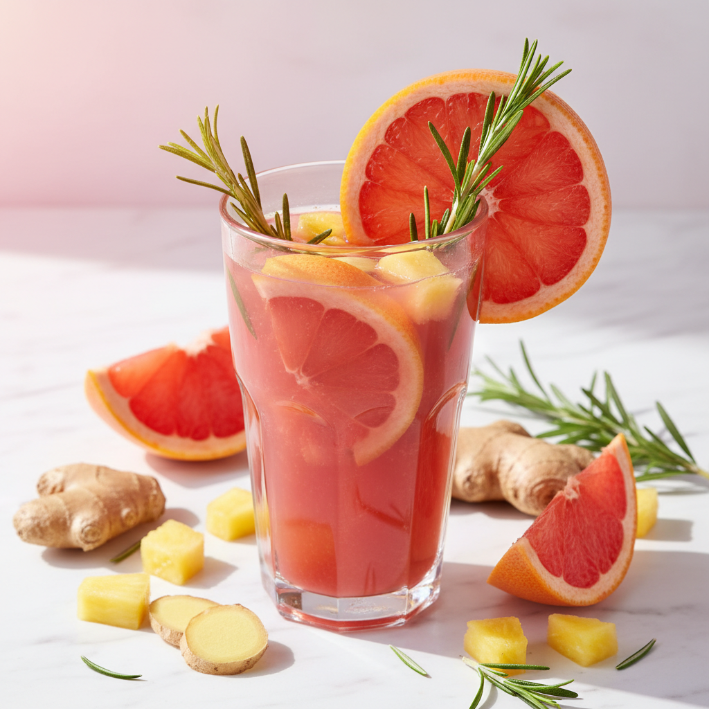 Fresh-pressed pink juice with red grapefruit, ginger, rosemary and pineapple