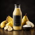 J-Smooth in a gold-trim premium bottle with banana, pineapple, Greek yogurt, and pear on a dark backdrop