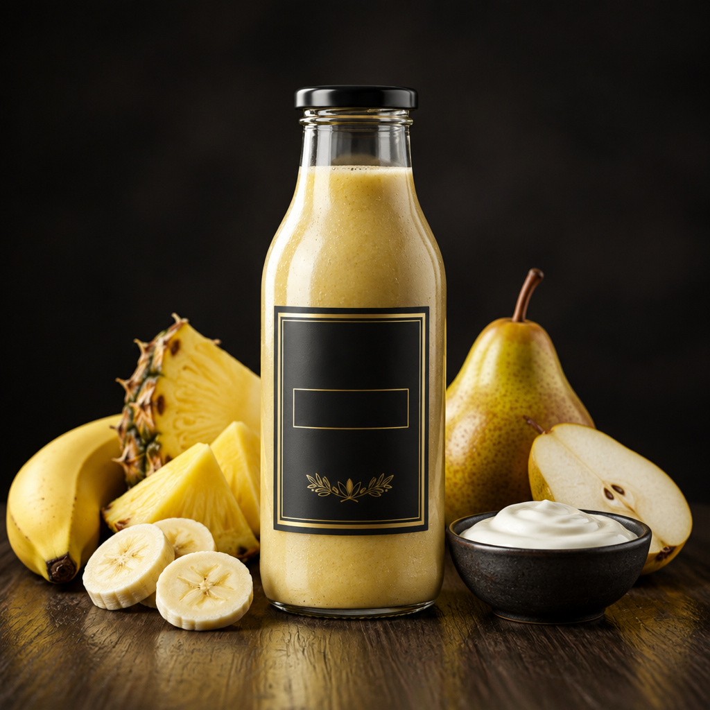 J-Smooth in a gold-trim premium bottle with banana, pineapple, Greek yogurt, and pear on a dark backdrop